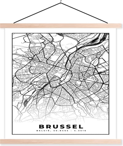 Posterhanger incl. Poster 40x40 cm - Schoolplaat - België – Brussel – Stadskaart – Kaart – Zwart Wit – Plattegrond - Textielposter - Blanke latten - Stadskaart