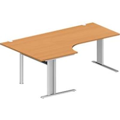 Schäfer Shop Pure hoekbureau PLANOVA BASIC, 90° hoek links, C-poot, B 2000 x D 1200/800 x H 717 mm, beuken/wit aluminium + kabelgoot