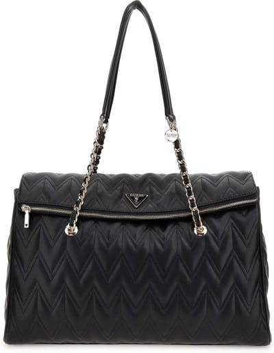 GUESS Schoudertas Laptoptas met laptopvak Eda Large Flap Travel Tote Black Zwart