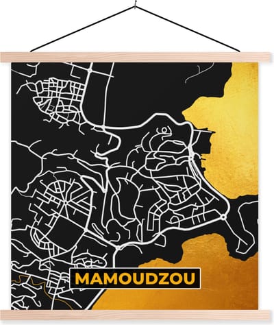 Posterhanger incl. Poster 40x40 cm - Schoolplaat - Plattegrond – Kaart – Frankrijk – Stadskaart - Mamoudzou - Textielposter - Blanke latten - Stadskaart