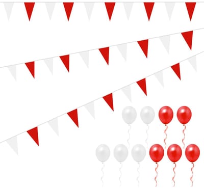 Dailygoods- Feestdecoratie Herbruikbaar - Banners 40 m - Ballonnen 10 stuks - Vlagbanner Driehoekig - Geschikt voor Buitentuin - Polyester/Kunststof - Feestversiering