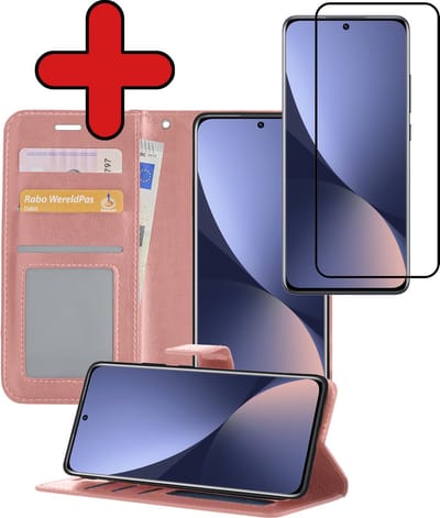 Hoesje - Met Screenprotector - Geschikt voor Xiaomi 12X - Luxe Pasjeshouder - Flipcase - Bookcase Portemonee - Flip Case - Kunstleer Book Case - Book Cover - Walletcase - Portemonneehoes - Telefoonhoes - Rosé goud