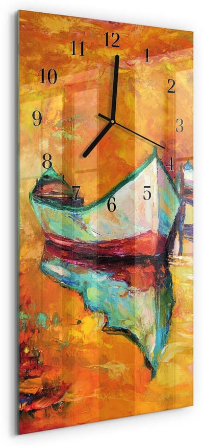 Tulup Wandklok - Łódź Moderne Wandklok Glas - 30x60 cm - Veelkleurig Wandklok Glas Decoratie - Zwarte Handen - Rechthoekige Wandklok - Gekleurde Glazen Klok - Glazen Klok Met Print