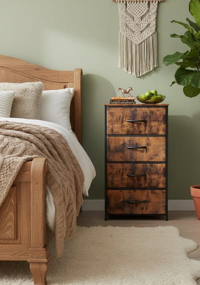 RetroSlim Commode 4 Laden – Smalle Ladekast met Stoffen Laden – Stabiel Stalen Frame & Houten Bovenblad – 40 x 30 x 80,2 cm – Voor Slaapkamer & Woonkamer- House&Garden