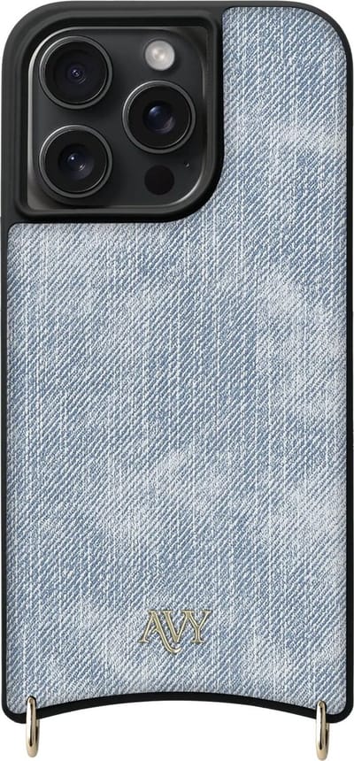 AVY Leren Hoesje geschikt voor Apple iPhone 15 Pro Max | Compatibel met MagSafe | Kunstleren Case | Back Cover | Haakjes voor koord | Denim