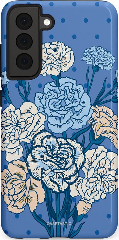 Casetastic hoesje geschikt voor Samsung Galaxy S21 FE 5G - Dubbellaagse bescherming - Anjer boeket - Fashion Case - Lavendel Lichtblauw Zilver