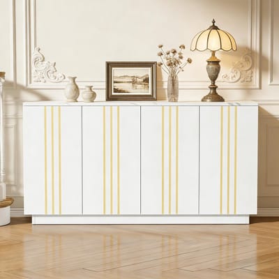 Dressoir - 140 x 35 x 70 cm - 4 Deuren met Verstelbare Planken - Verguld Lijnen Design - Houtmateriaal - Wit/Goud
