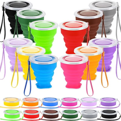 Opvouwbare Siliconen Bekers met Deksel, 12 Stuks, 200 ml, Draagbare Reisbeker voor Koffie, Thee, Camping, Wandelen, Buitenactiviteiten