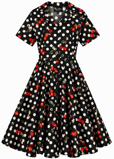 Succubus Clothing Claire Cherry Polkadot 50's Swing Jurk in Zwart