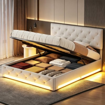 Gestoffeerd Bed 140x200 cm - Met LED-verlichting en Hydraulische Opbergruimte - Tweepersoonsbed Met Lattenbodem - Opbergbed - Zonder Matras - PU Beige