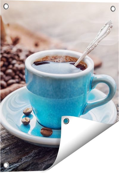 Gards Tuinposter Blauw Kopje Koffie met Koffiebonen - 40x50 cm - Tuindoek - Tuindecoratie - Wanddecoratie buiten - Tuinschilderij
