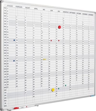 Planbord Softline profiel 8mm, Verticaal jaar, Jaarplanner - Engelse Uitvoering - 60x90 cm incl. maand-/dagen-/cijferstroken
