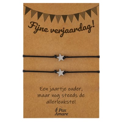 Vriendschapsarmbandjes voor 2 "Fijne Verjaardag" - Sterretjes - BFF Armbandjes met Persoonlijk Cadeau Kaartje - Zilverkleurig - Elastisch Verstelbaar - Pax Amare