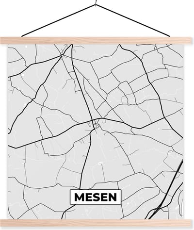 Posterhanger incl. Poster 40x40 cm - Schoolplaat - België – Mesen – Stadskaart – Kaart – Zwart Wit – Plattegrond - Textielposter - Blanke latten - Stadskaart