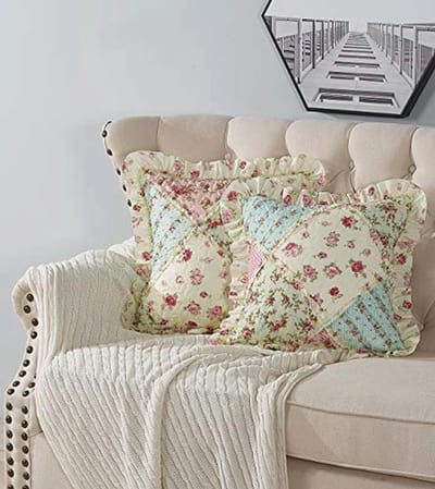Decoratieve gewatteerde kussenhoezen set van 2 met ruches - Roze en groene patchwork kussens