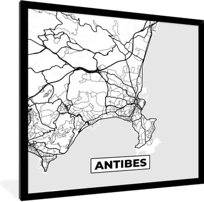 Fotolijst incl. Poster Zwart Wit- Stadskaart - Plattegrond - Antibes - Kaart - Frankrijk - Zwart wit - 40x40 cm - Posterlijst
