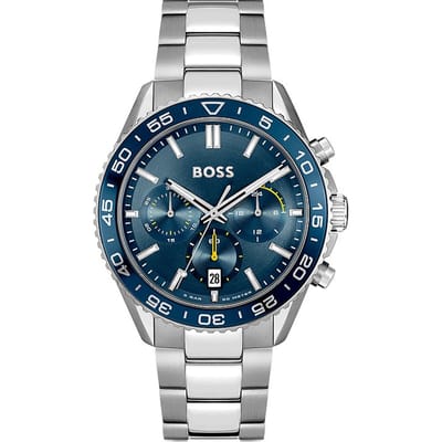 BOSS HB1514143 RUNNER Heren Horloge - Chronograaf - Mineraalglas - Staal - Zilverkleurig - 43 mm breed - Quartz - Vouw/Vlindersluiting - 5 ATM (douchen)