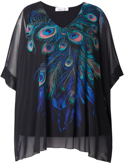 MIAMODA - Dames - Mesh blouse oversized pauwenveren ondoorzichtige jersey top - Zwart - Maat 46+