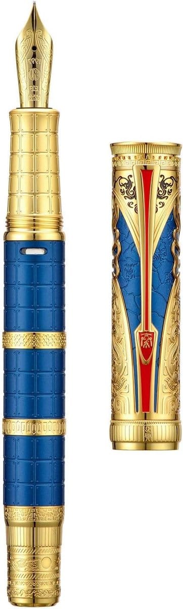 Retro Chinese Vulpen met Extra Fijne Nib, Piston Mechanisme en Totem Gravure in Blauw en Goud met Pen Box Set voor Soepel Schrijven