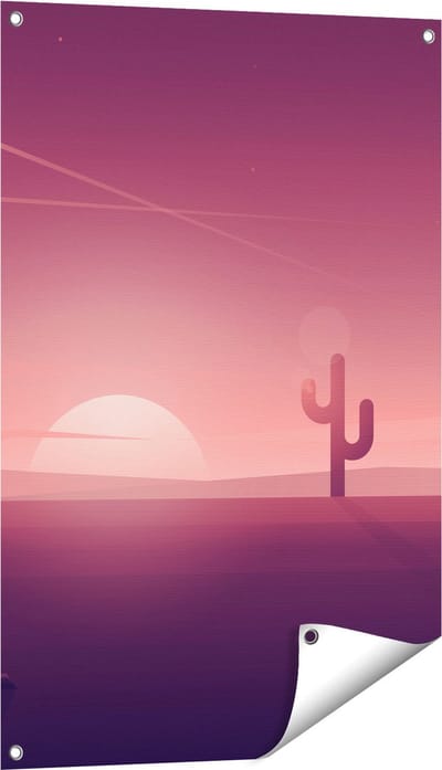 Gards Tuinposter Zonsondergang in de Woestijn met een Cactus - 60x90 cm - Tuindoek - Tuindecoratie - Wanddecoratie buiten - Tuinschilderij