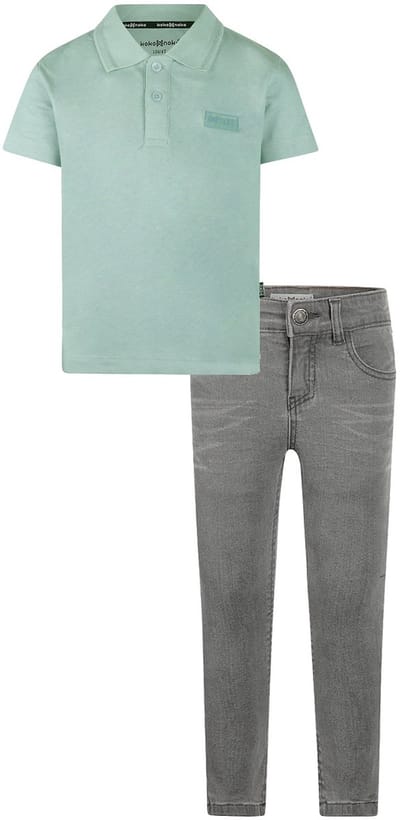 Koko Noko - Kledingset - Basic Collection - Bio Cotton - Grijze jeans - Polo Shirt faded green - Maat 92