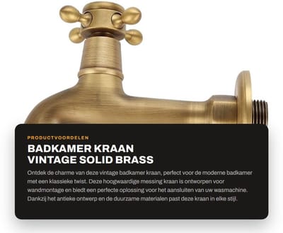 Dailygoods- Badkamerkraan Vintage - Muurbeugel - Enkelhandig - Messing - Corrosiebestendig - G1/2 Aansluiting - 12,5 cm Lengte - Wasmachinekraan