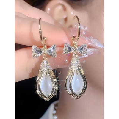 2 stuks modieuze en high-end strik, kattenoogsteen, tulpenbloem, damesoorbellen, oorbellen, veelzijdige acce voor dagelijks daten beige