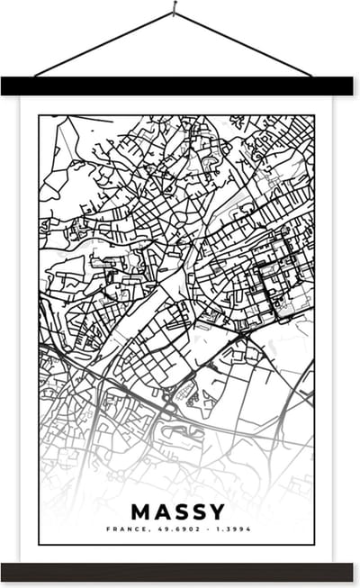 Posterhanger incl. Poster 40x60 cm - Schoolplaat - Kaart - Stadskaart - Massy - Frankrijk - Plattegrond - Zwart wit - Textielposter - Zwarte latten - Stadskaart