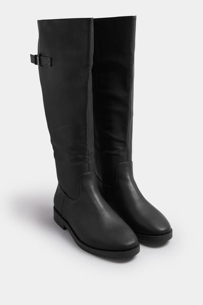 Yours Zwarte Imitatieleren Kniehoge Laarzen Met Gespdetail In Extra Brede Eeepasvormsize 38EEE