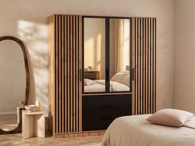 Vente-unique Kast met 4 deuren en 3 lades - Met spiegel - L196 cm - Kleur: houteffect en zwart - LIRMADA