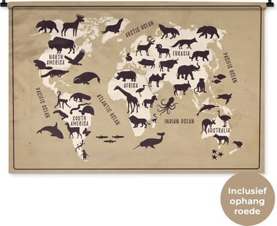 Wandkleed WereldkaartenKerst illustraties - Wereldkaart op bruine achtergrond met namen van continenten en oceanen en illustraties van dieren Wandkleed katoen 120x80 cm - Wandtapijt met foto