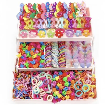 Kinder haaraccessoires set 555 stuks – kleurrijke elastiekjes, haarclipjes, strikjes en bloemen – complete multicolor haarset voor meisjes