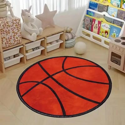 Rond Vloerkleed met Basketbalpatroon – Tapijt met Sportthema voor Woonkamer of Jongenskamer – Antislip, Wasbare Vloermat, Speelkamer Decoratie Diameter 120cm(47in)
