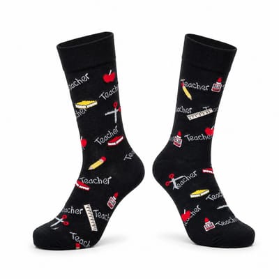 Sokken Docent - Maat 38-43 - Grappige Sokken met Tekst Teacher, Potlood, Lijm Lineaal - School Cadeau Sokken voor de Leraar of Juf - Funny Socks dames/heren