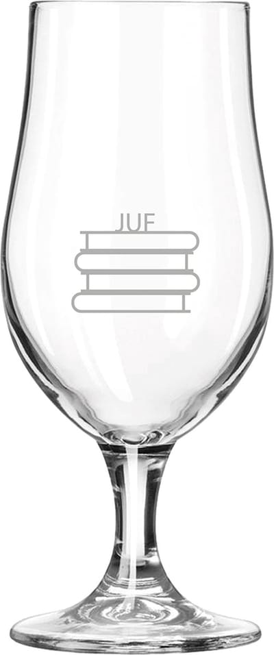 Gegraveerde bierglas op voet 49cl Juf met boeken