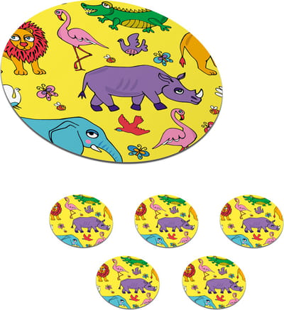 Onderzetters voor glazen - Rond - Flamingo - Dieren - Patroon - 10x10 cm - Glasonderzetters - 6 stuks