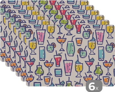 Placemat - Placemats kunststof - Cocktail - Glas - Zomer - Patronen - 45x30 cm - 6 stuks - Hittebestendig - Anti-Slip - Onderlegger - Afneembaar