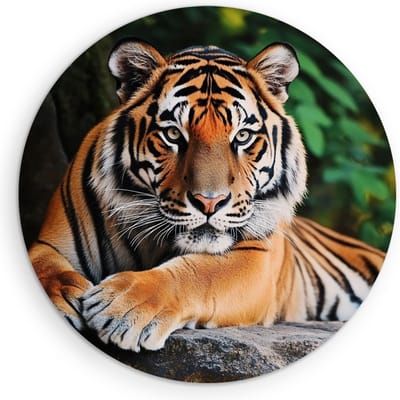 Saammp Muurcirkel Hout - Tijger op Rots - Natuur - Dieren - Ø 90 - Wandcirkel - Wanddecoratie Cirkel - muurdecoratie Woonkamer - Slaapkamer decoratie - Rond Schilderij