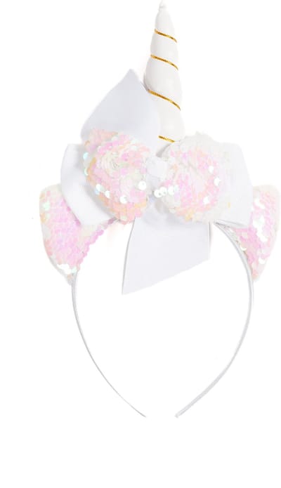 KIMU® Eenhoorn Strik Haarband Wit Roze Pailletten - Unicorn Diadeem Met Oortjes En Strikje - Witte Hoorn Lichtroze Lint Glitter Glans Festival