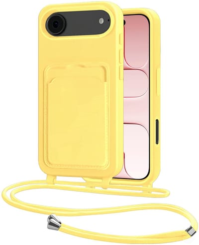Hoes Geschikt voor iPhone Air Hoesje Pasjeshouder Cover Met Koord Case Siliconen Hoes Met Telefoonkoord en Kaarthouder - Geel