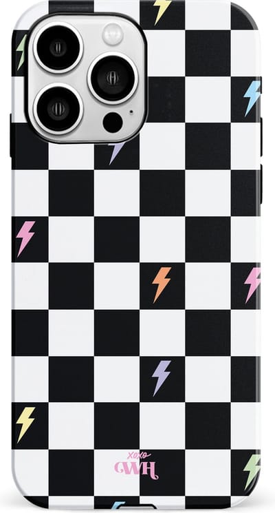 xoxo Wildhearts Thunderstruck - Double Layer - Hard Case geschikt voor iPhone 13 Pro Max hoesje - Bliksem hoesje - Dames hoesje geschikt voor iPhone 13 Pro Max hoesje - Geruit hoesje - beschermhoes - geblokt - zwart / wit
