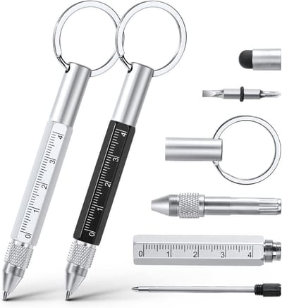 Multitool Pen 6 in 1 - Schrijfpen met Touchscreen Stylus, Schroevendraaier, Sleutelhanger en Liniaal - Metaal - Zwart