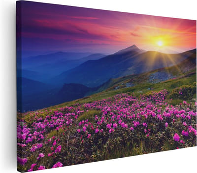 Artaza Canvas Schilderij Bloemen - 30x20 cm - Klein - Wanddecoratie Bergen - Muurdecoratie Zonsondergang - Kamer Accessoires