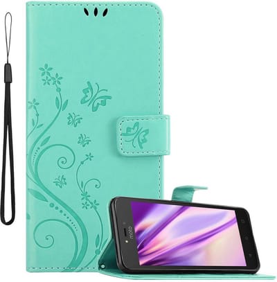 Cadorabo Hoesje geschikt voor Motorola MOTO C in BLOEMEN TURKOOIS - Beschermhoes in bloemmotief met magnetische sluiting, standfunctie en kaartsleuven Book Case Cover Etui