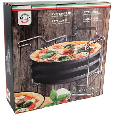 Pizzaplaat bakset met 3 bakplaten 29 cm - Pizza rek 3-delig - Pizzabakset met standaard - 3 pizzapla