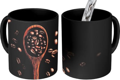 Magische Mok - Foto op Warmte Mokken - Koffiemok - Hout - Zwart - Koffiebonen - Magic Mok - Beker - 350 ML - Theemok