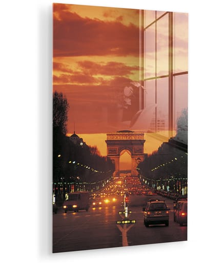® Glasschilderij 120x180 cm - Schilderij acrylglas - Een knal-oranje lucht door de zonsondergang bij de Triomfboog van Parijs - Foto op glas - Muurdecoratie woonkamer - Wanddecoratie slaapkamer - Schilderijen
