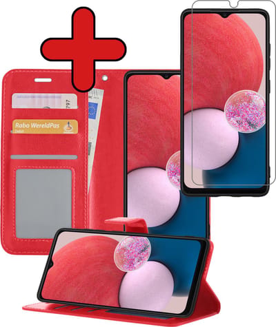 Hoesje - Met Screenprotector - Geschikt voor Samsung Galaxy A13 5G - Luxe Pasjeshouder - Flipcase - Bookcase Portemonee - Flip Case - Kunstleer Book Case - Book Cover - Walletcase - Portemonneehoes - Telefoonhoes - Rood