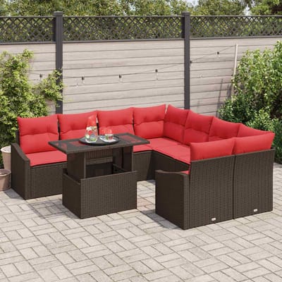 vidaXL - Tuinbank - Set - 9 - st - Bruin - en - Rood - poly - rattan