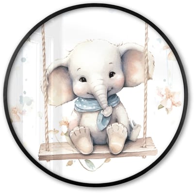 Poster in lijst Rond - Fotolijst 60x60 cm - Posters - Olifant - Dier - Kinderen - Ronde posterlijst zwart - Decoratie - Wanddecoratie woonkamer - Muurdecoratie slaapkamer